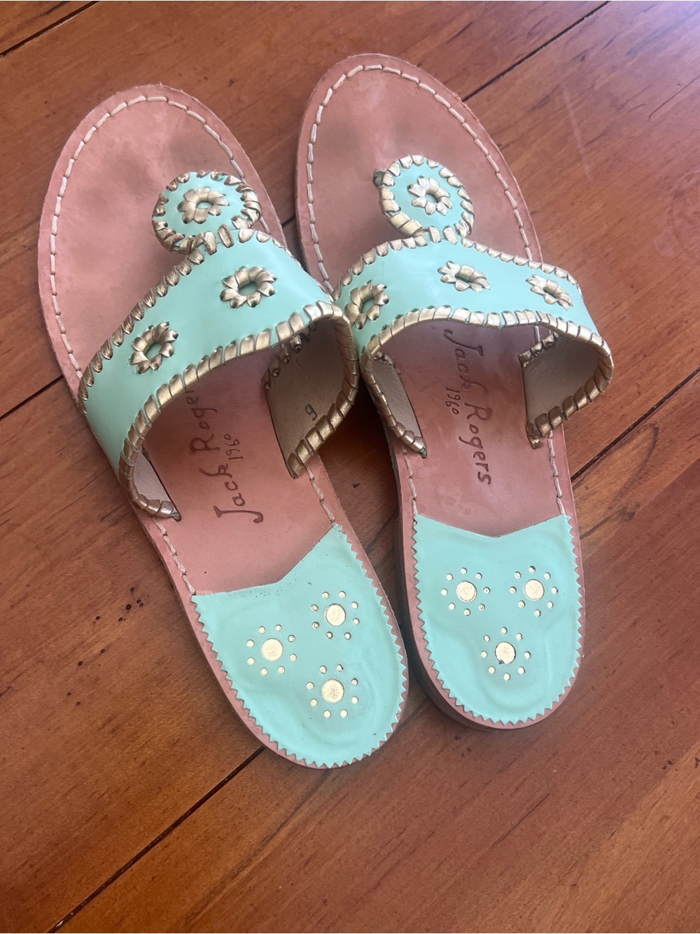 Jack Rogers Mint Leather Sandals with Gold Trim